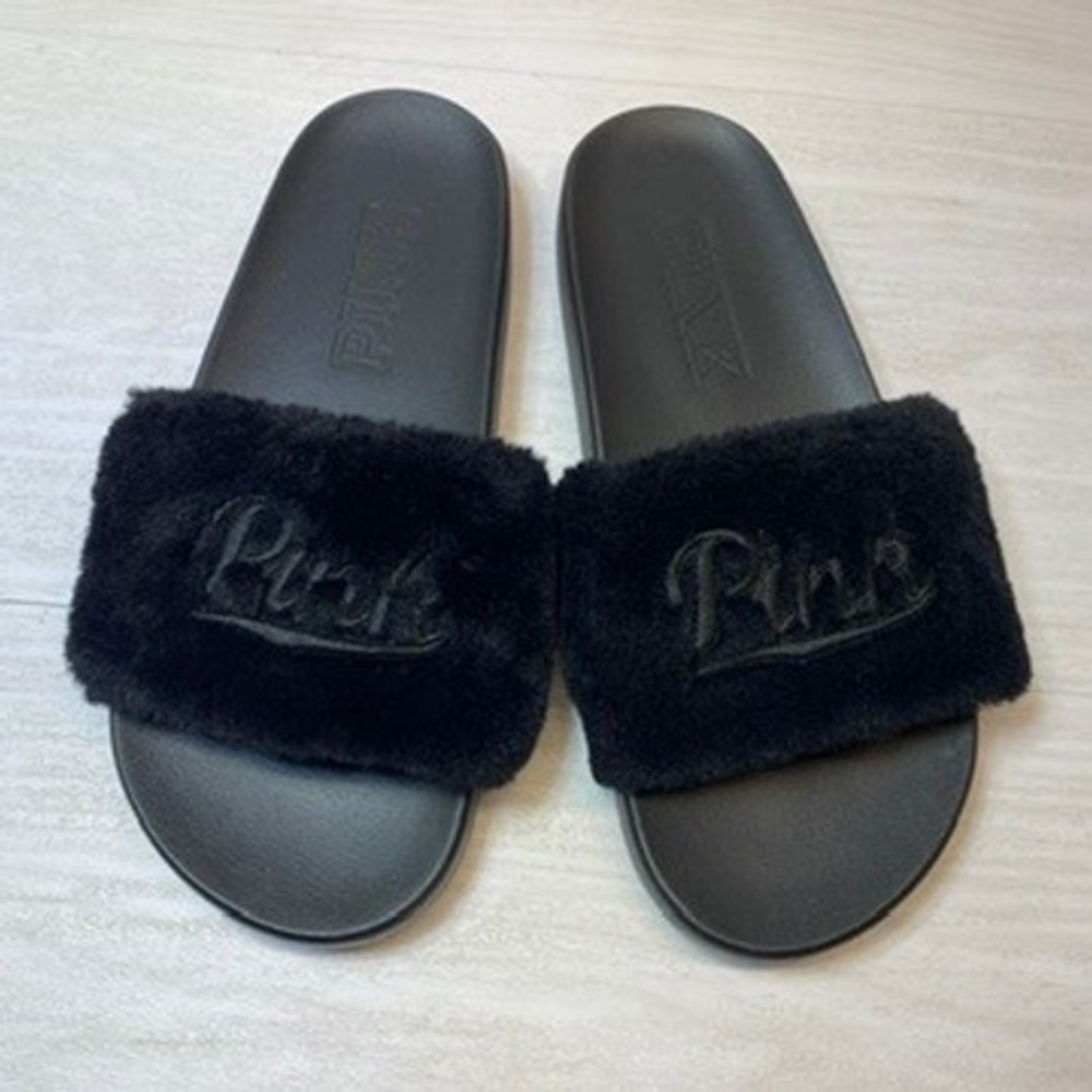 PINK Victoria's Secret Women 9 L Faux Fur Slides Sandals Black Synthetic Logo